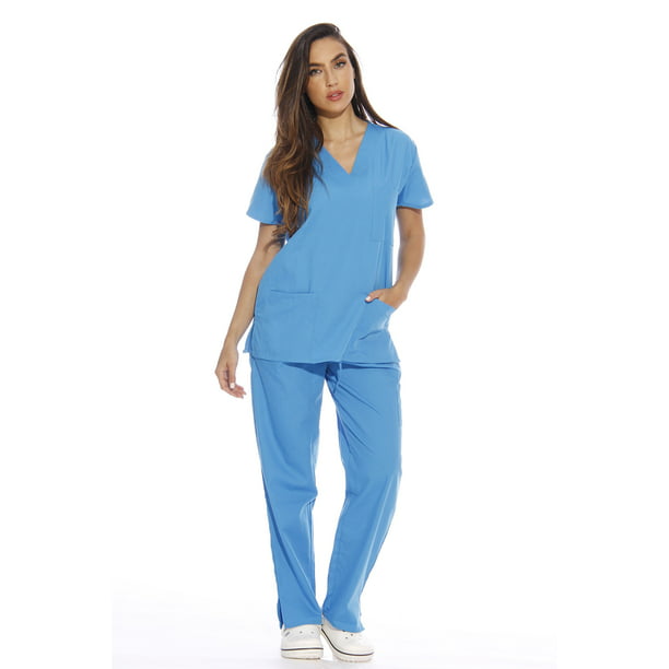 Scrubs Printed Set Basic 3 pocket Top & Pant Colorful Cats & Flowers on Blue 